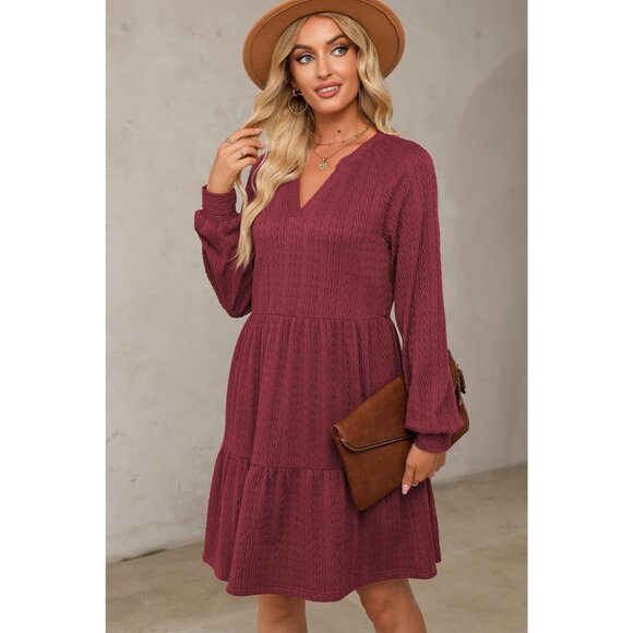 Women’s Fall V Neck Textured Ruffle A-Line Mini Dress Lightweight Casual - Picture 4 of 6